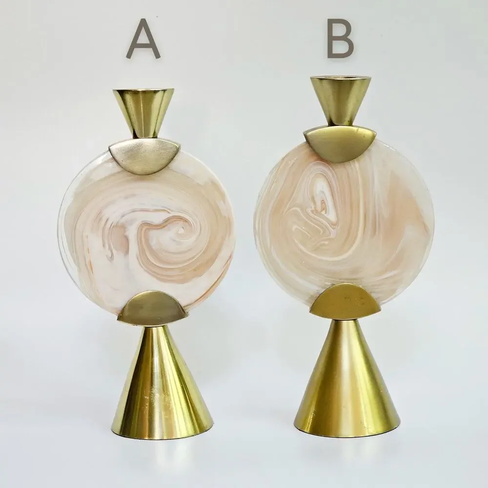Anthropologie Francine Taper Candle Holder | Modern Blush Swirl Glass and Brass